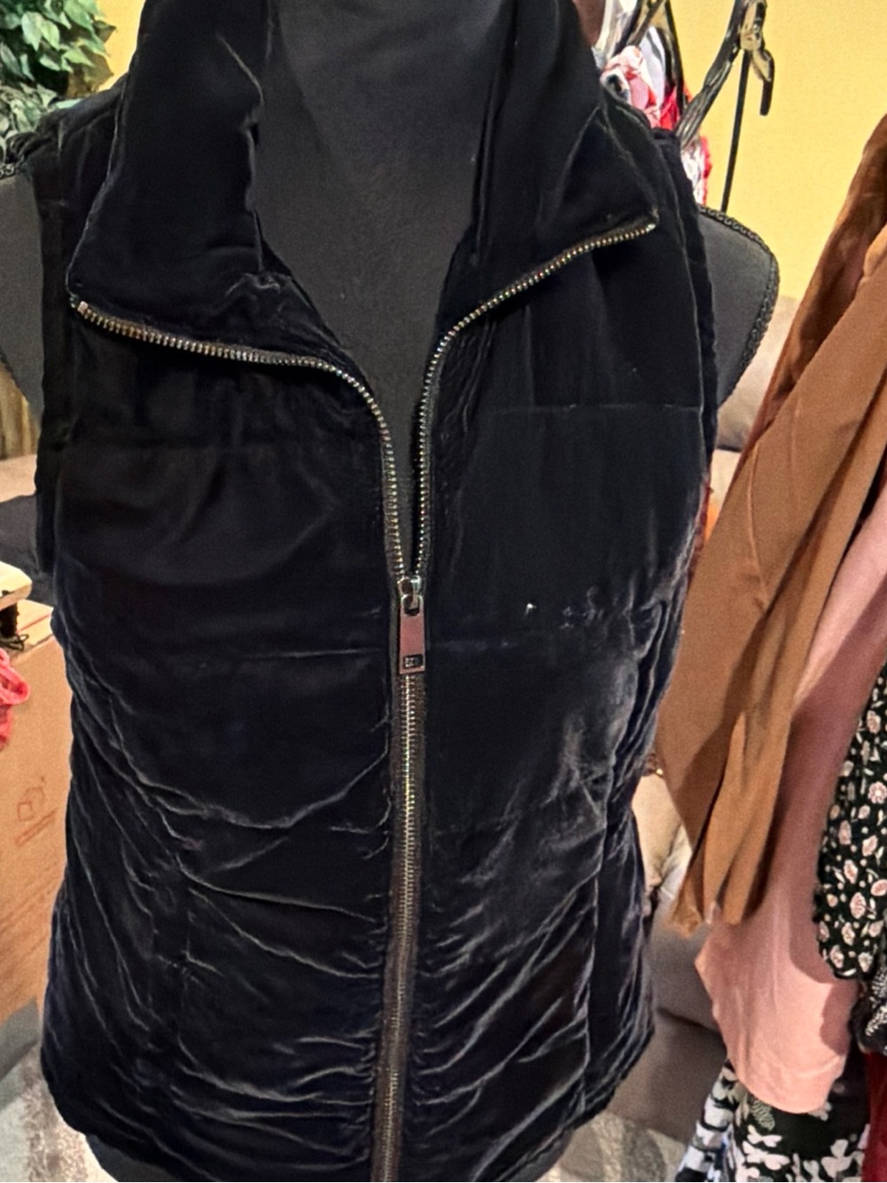 Christopher & Banks Black Velvet Puffer Vest with Zip Front